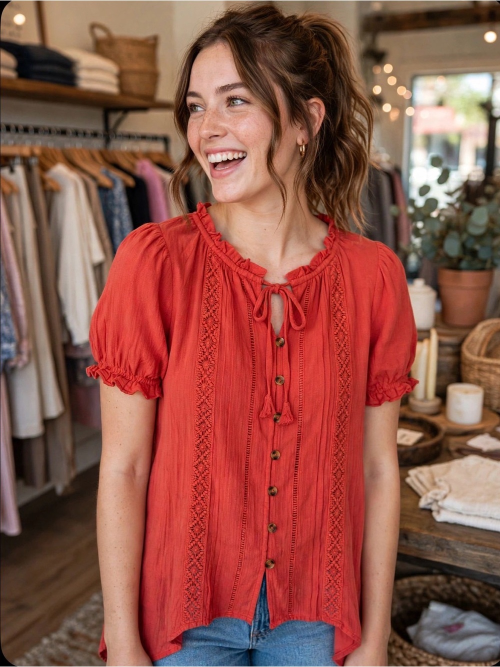 Rockmans Button-Front Tie-Neck Blouse in Terracotta